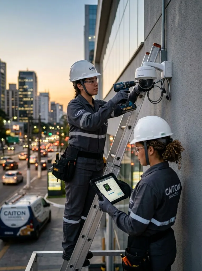 Técnicos instalando câmeras de segurança