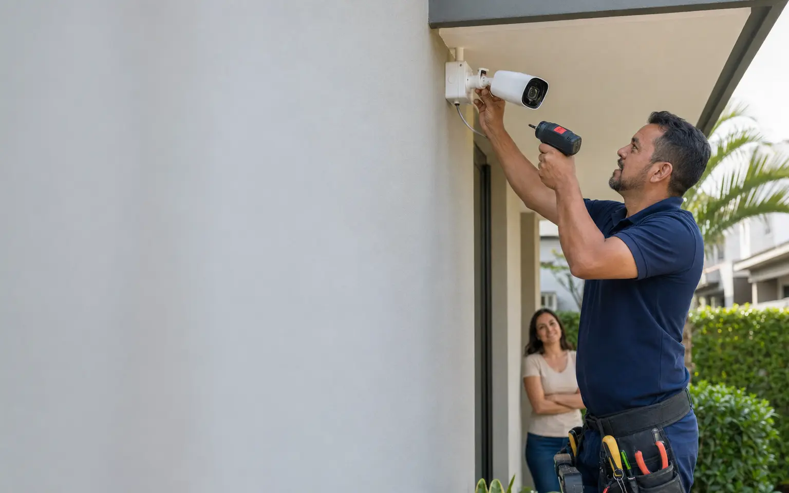 Técnico da área de segurança instalando uma câmera em uma residência