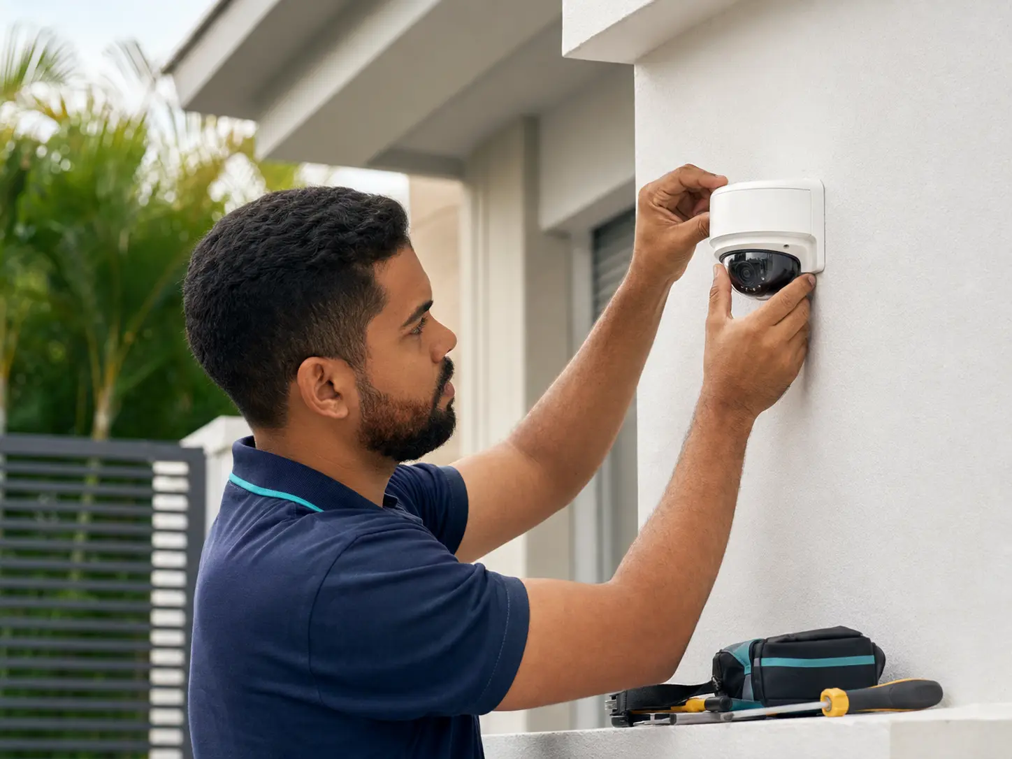 Técnico instalando uma câmera de segurança dome com acabamento limpo