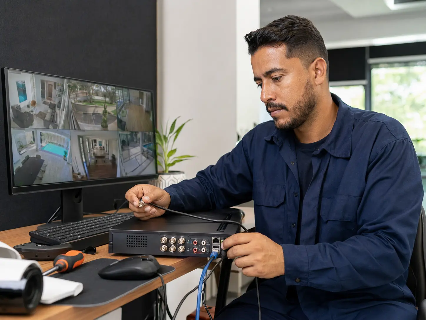 Técnico acompanhando um sistema de câmeras de segurança