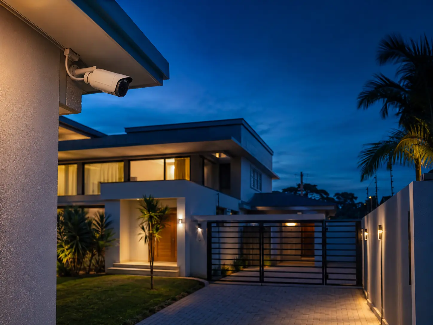 Câmera de segurança instalada em uma residência ao anoitecer